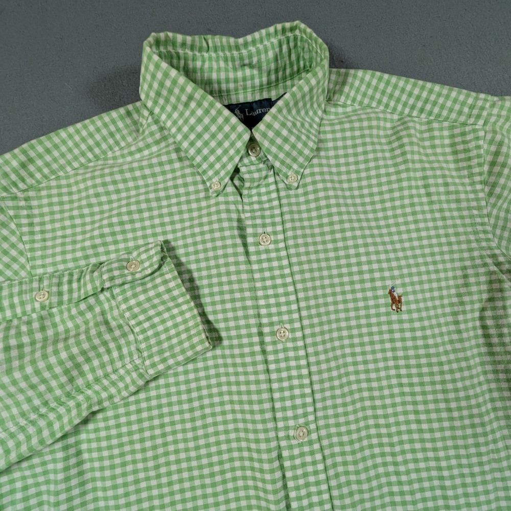 Ralph Lauren Button Down Shirt Mens Large Green Gingham Classic Fit Long Sleeve
